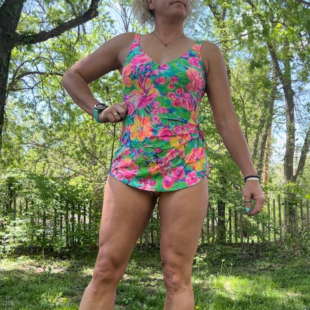 Vintage 70s 80s Gabar Bright Neon Tropical Print One Piece Faux Wrap Swimsuit M?